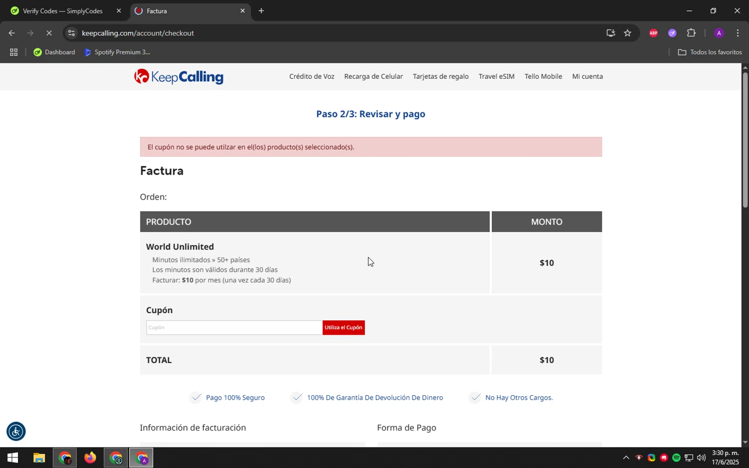 KeepCalling coupon code screenshot showing code WELCOME10BLOG applied at KeepCalling checkout page. Uploaded by SimplyCodes community member DeathBone on Jun 17, 2025