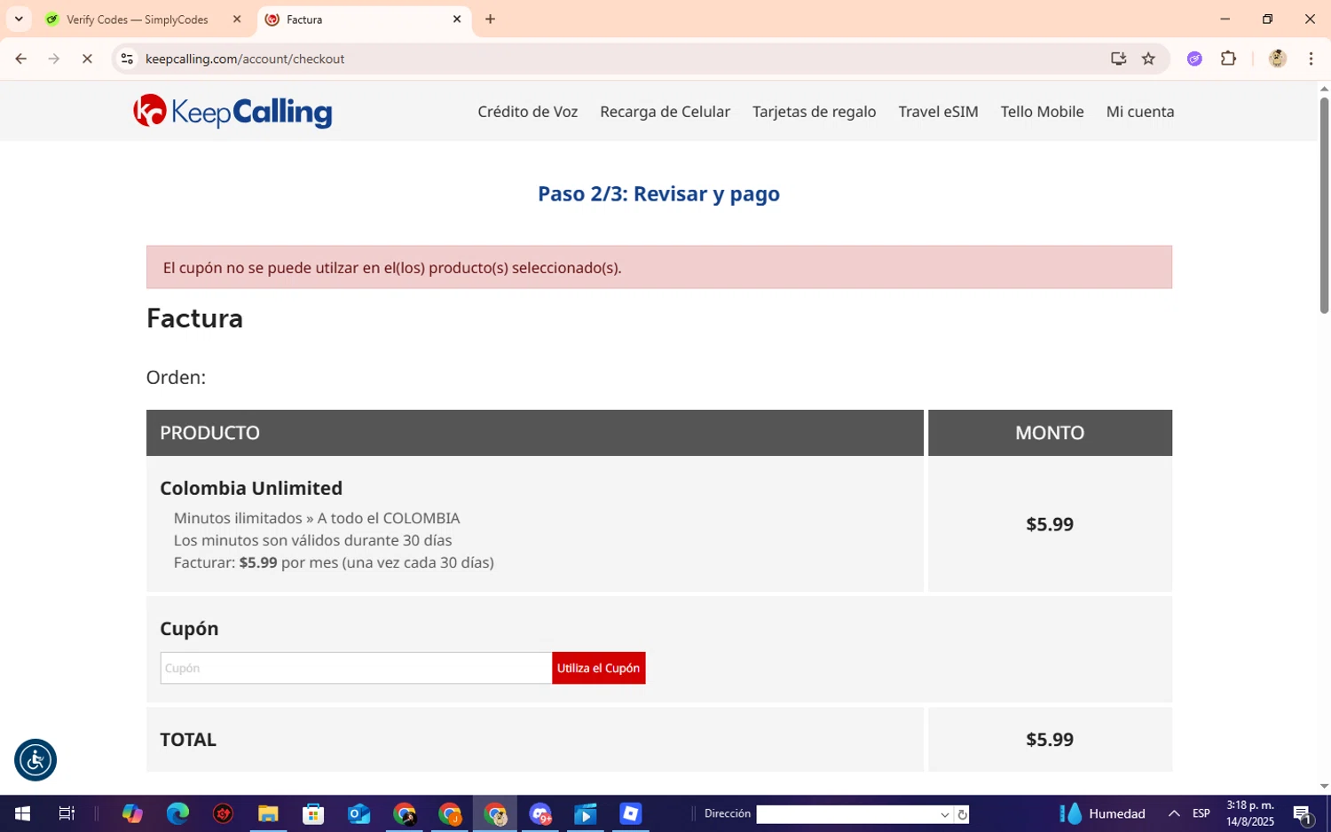 KeepCalling coupon code screenshot showing code WELCOME10BLOG applied at KeepCalling checkout page. Uploaded by SimplyCodes community member Lilithh on Aug 14, 2025