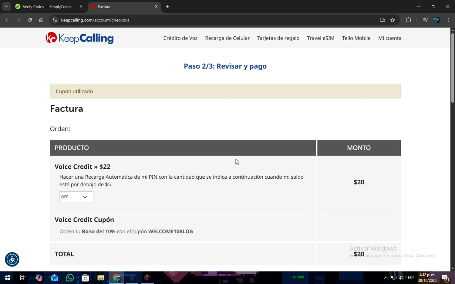 KeepCalling coupon code screenshot showing code WELCOME10BLOG applied at KeepCalling checkout page. Uploaded by SimplyCodes community member SOPACONPAN on Oct 30, 2025