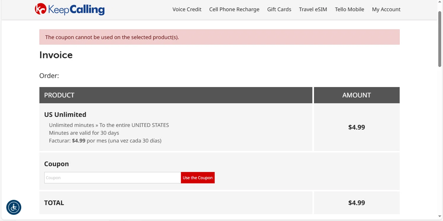 KeepCalling coupon code screenshot showing code NICELIST5 applied at KeepCalling checkout page. Uploaded by SimplyCodes community member MagnificentVirtuoso8433 on Dec 9, 2025