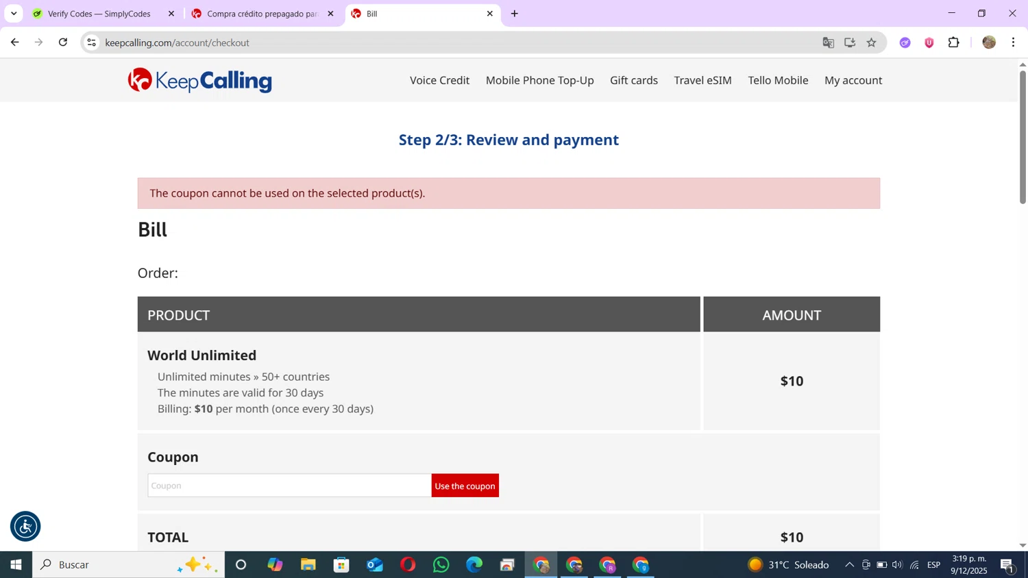 KeepCalling coupon code screenshot showing code NICELIST5 applied at KeepCalling checkout page. Uploaded by SimplyCodes community member andres100 on Dec 9, 2025