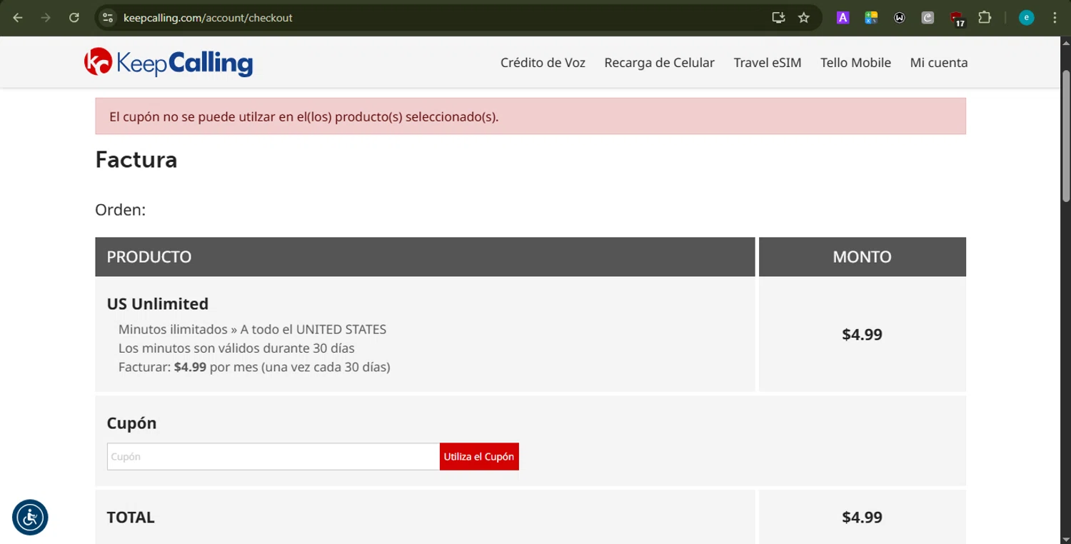 KeepCalling checkout page showing KeepCalling coupon code box | Screenshot taken by SimplyCodes community member on Jan 23, 2026