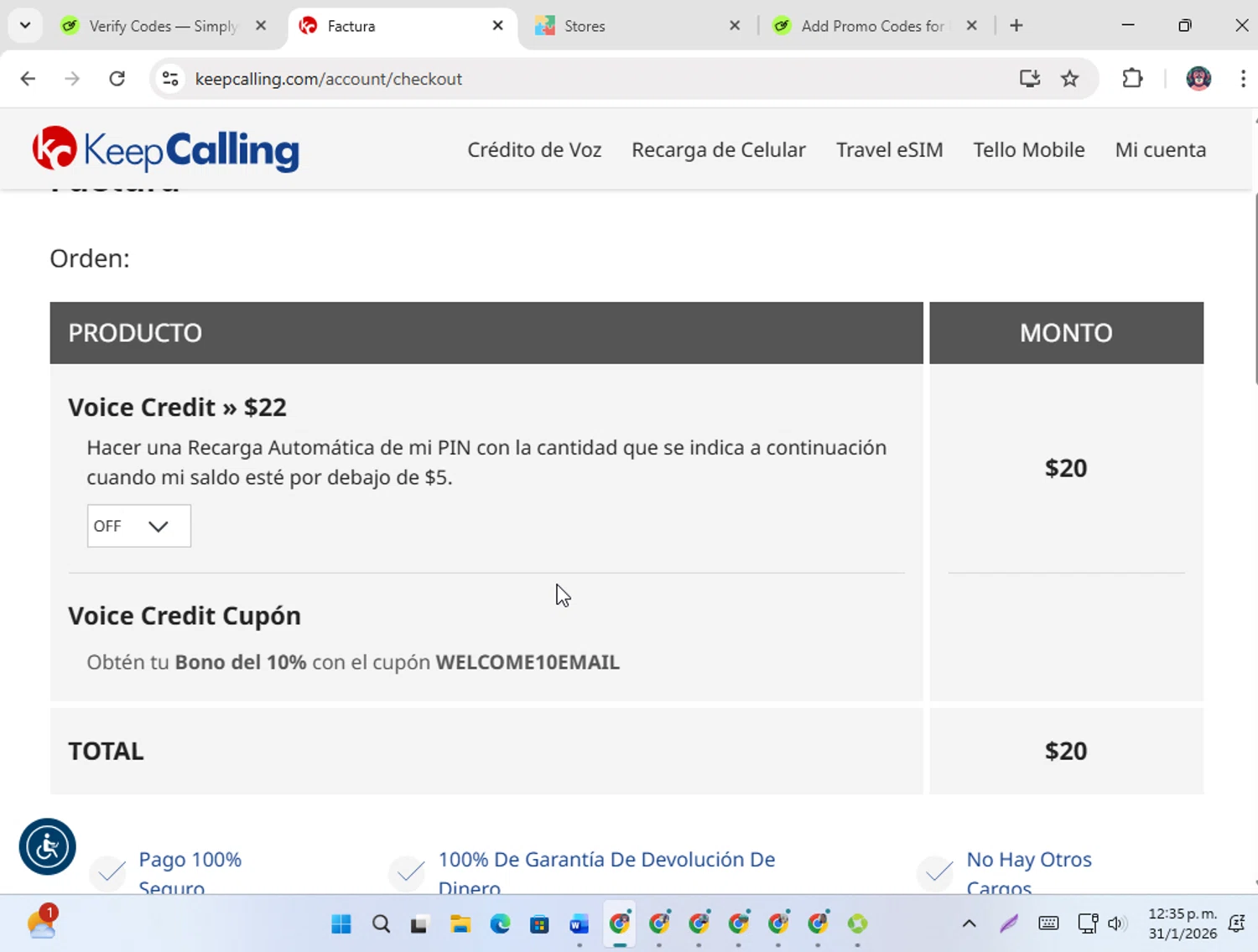 KeepCalling checkout page showing KeepCalling coupon code box | Screenshot taken by SimplyCodes community member on Jan 31, 2026