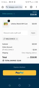 WELCOME15 coupon verification screenshot