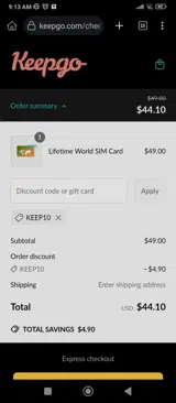 KEEP10 coupon verification screenshot