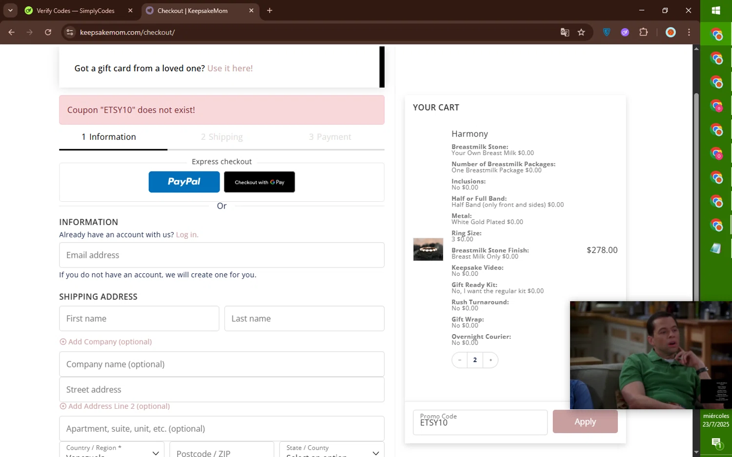 KeepsakeMom promo code screenshot showing code ETSY10 applied at KeepsakeMom checkout page. Uploaded by SimplyCodes community member DealElite4728 on Jul 23, 2025