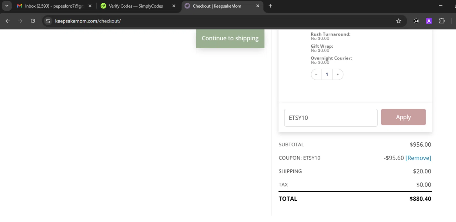 KeepsakeMom checkout page showing KeepsakeMom promo code box | Screenshot taken by SimplyCodes community member on Jun 10, 2025