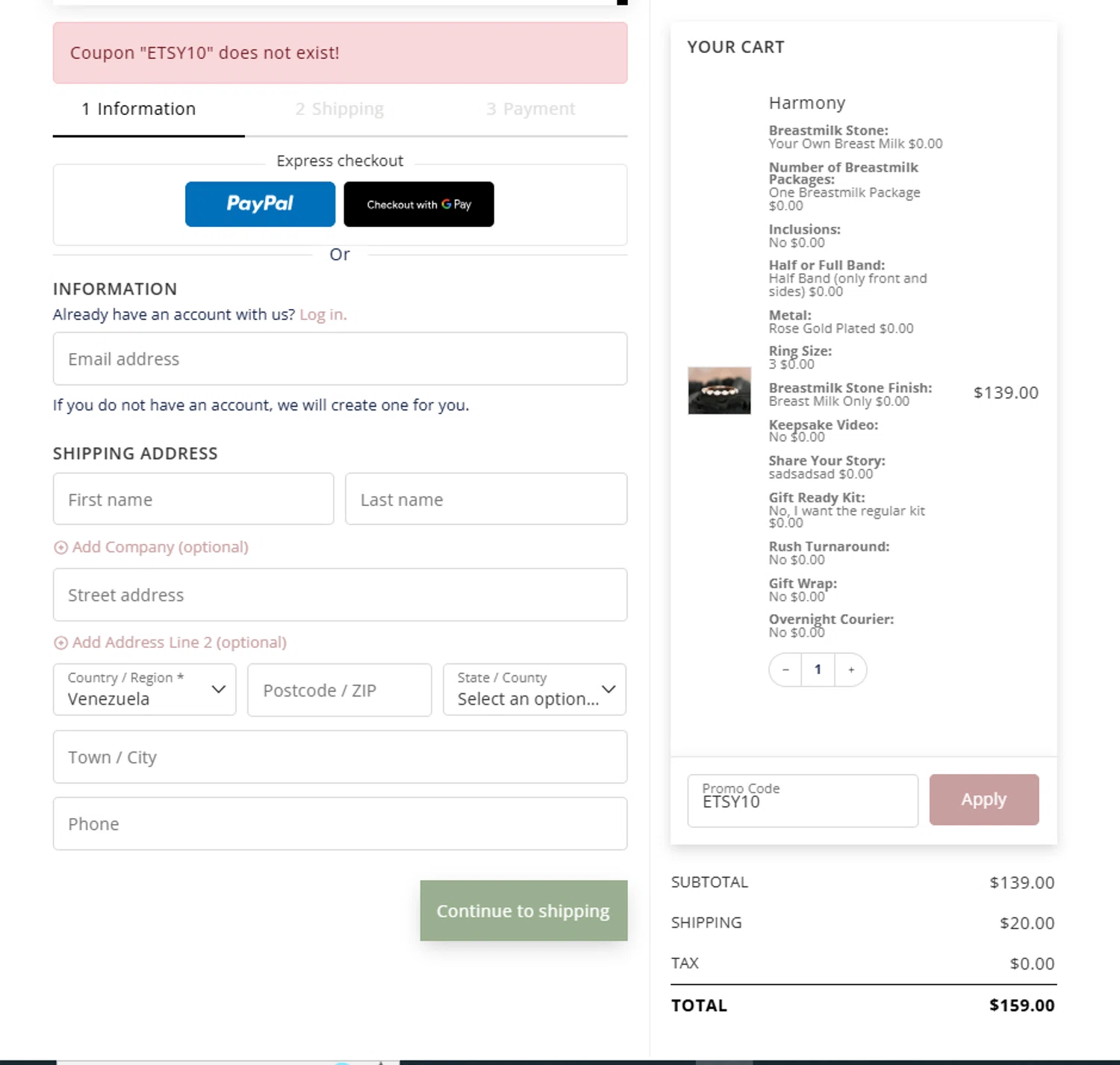 KeepsakeMom promo code screenshot showing code ETSY10 applied at KeepsakeMom checkout page. Uploaded by SimplyCodes community member Frionel_Pessi on Jul 23, 2025