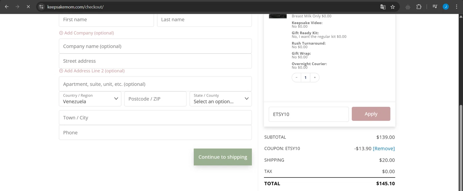 KeepsakeMom checkout page showing KeepsakeMom promo code box | Screenshot taken by SimplyCodes community member on May 27, 2025