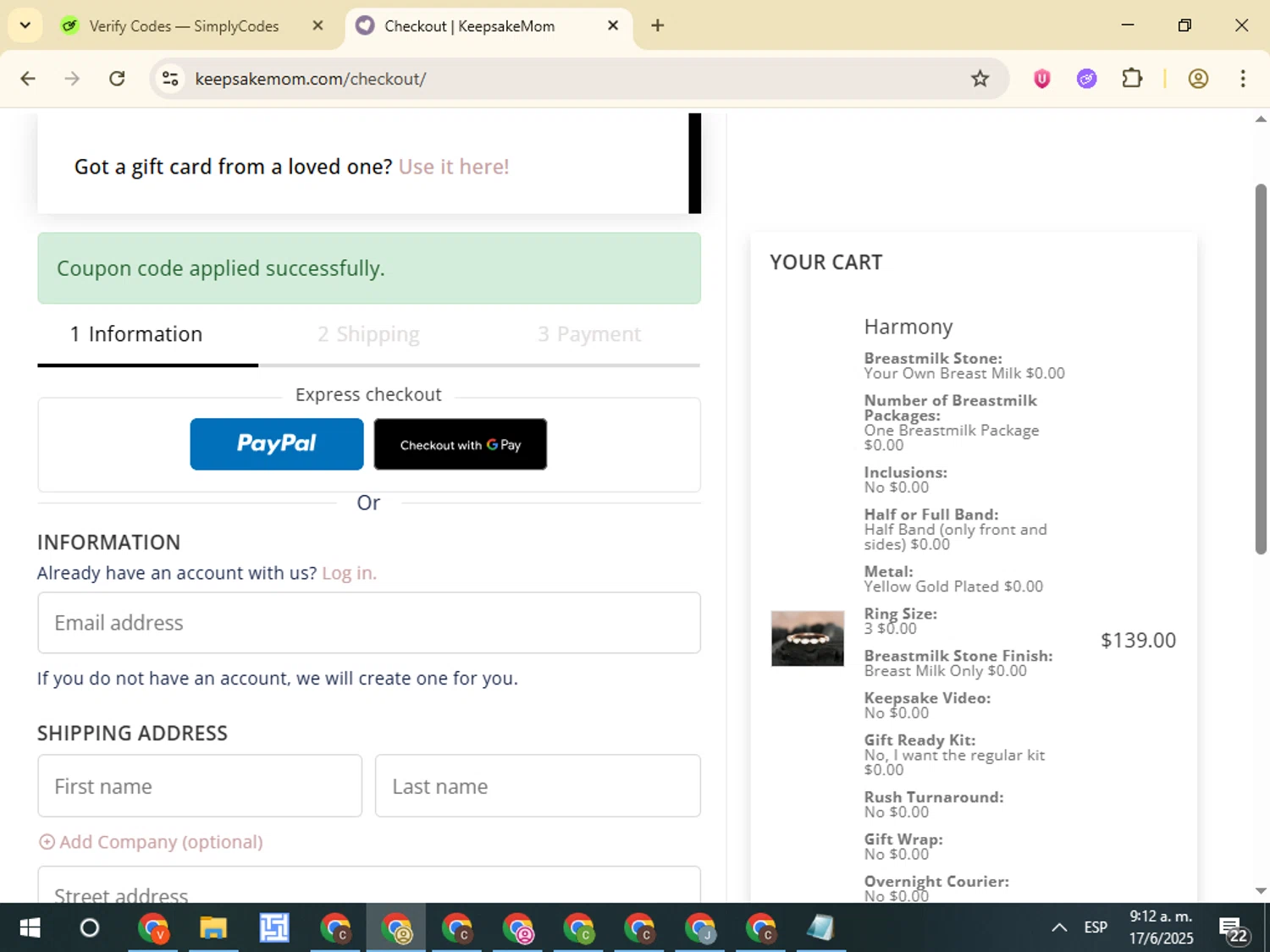 KeepsakeMom checkout page showing KeepsakeMom promo code box | Screenshot taken by SimplyCodes community member on Jun 17, 2025