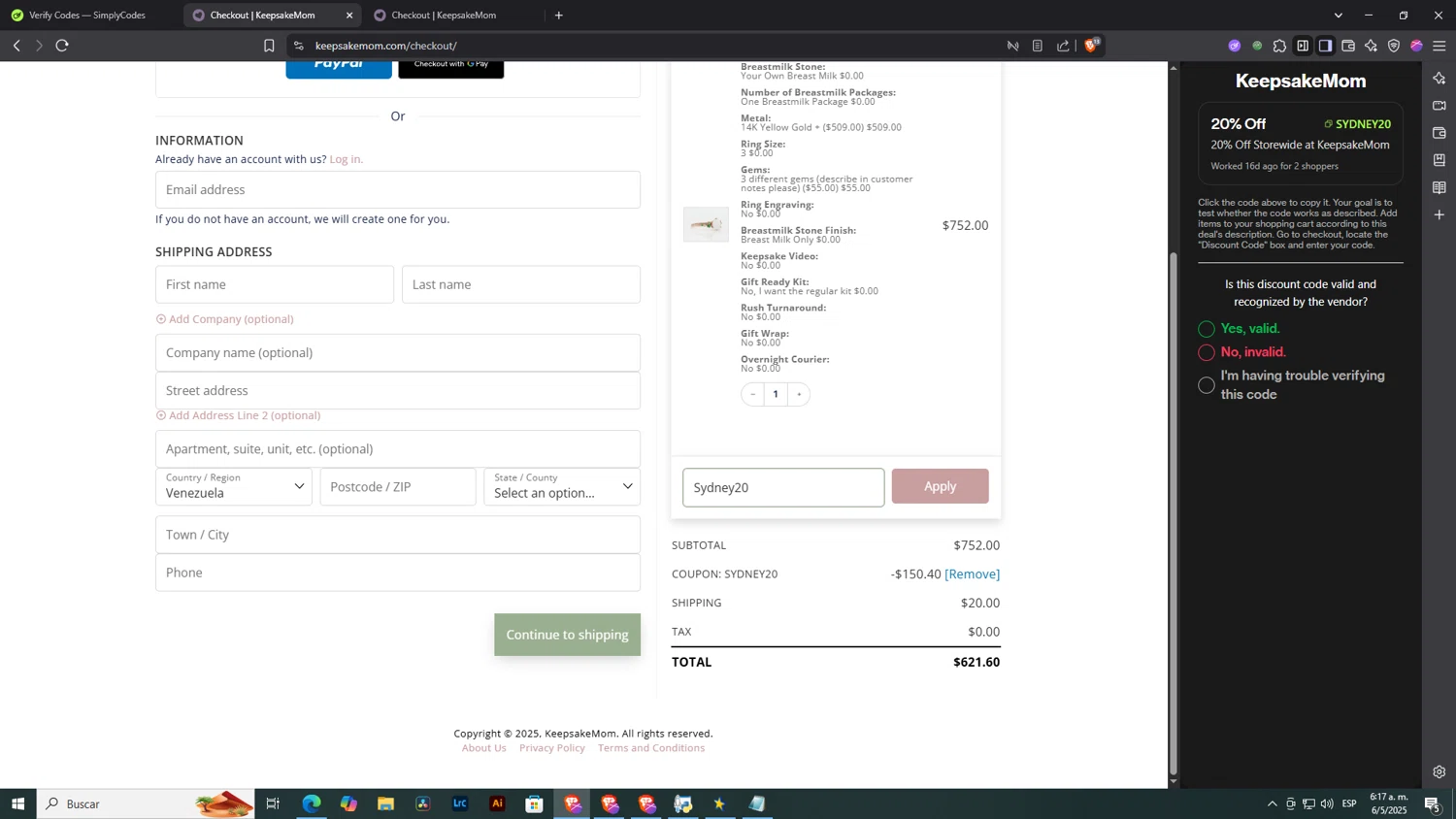 KeepsakeMom promo code screenshot showing code Sydney20 applied at KeepsakeMom checkout page. Uploaded by SimplyCodes community member NobleLegend6162 on May 6, 2025