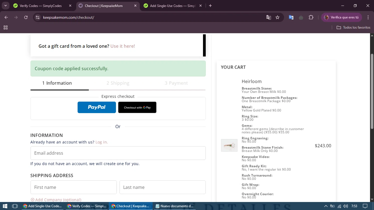 KeepsakeMom promo code screenshot showing code Sydney20 applied at KeepsakeMom checkout page. Uploaded by SimplyCodes community member royershumberto on Apr 20, 2025
