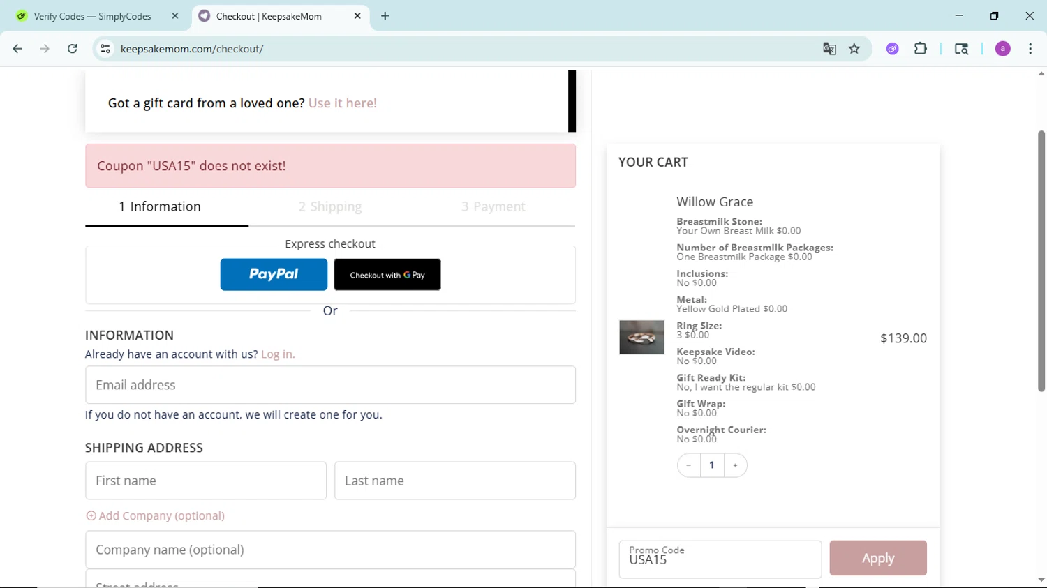 KeepsakeMom promo code screenshot showing code USA15 applied at KeepsakeMom checkout page. Uploaded by SimplyCodes community member PennyBoss9589 on Jul 16, 2025