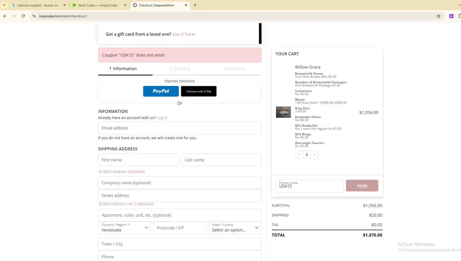KeepsakeMom promo code screenshot showing code USA15 applied at KeepsakeMom checkout page. Uploaded by SimplyCodes community member ScanGenius949 on Jul 17, 2025