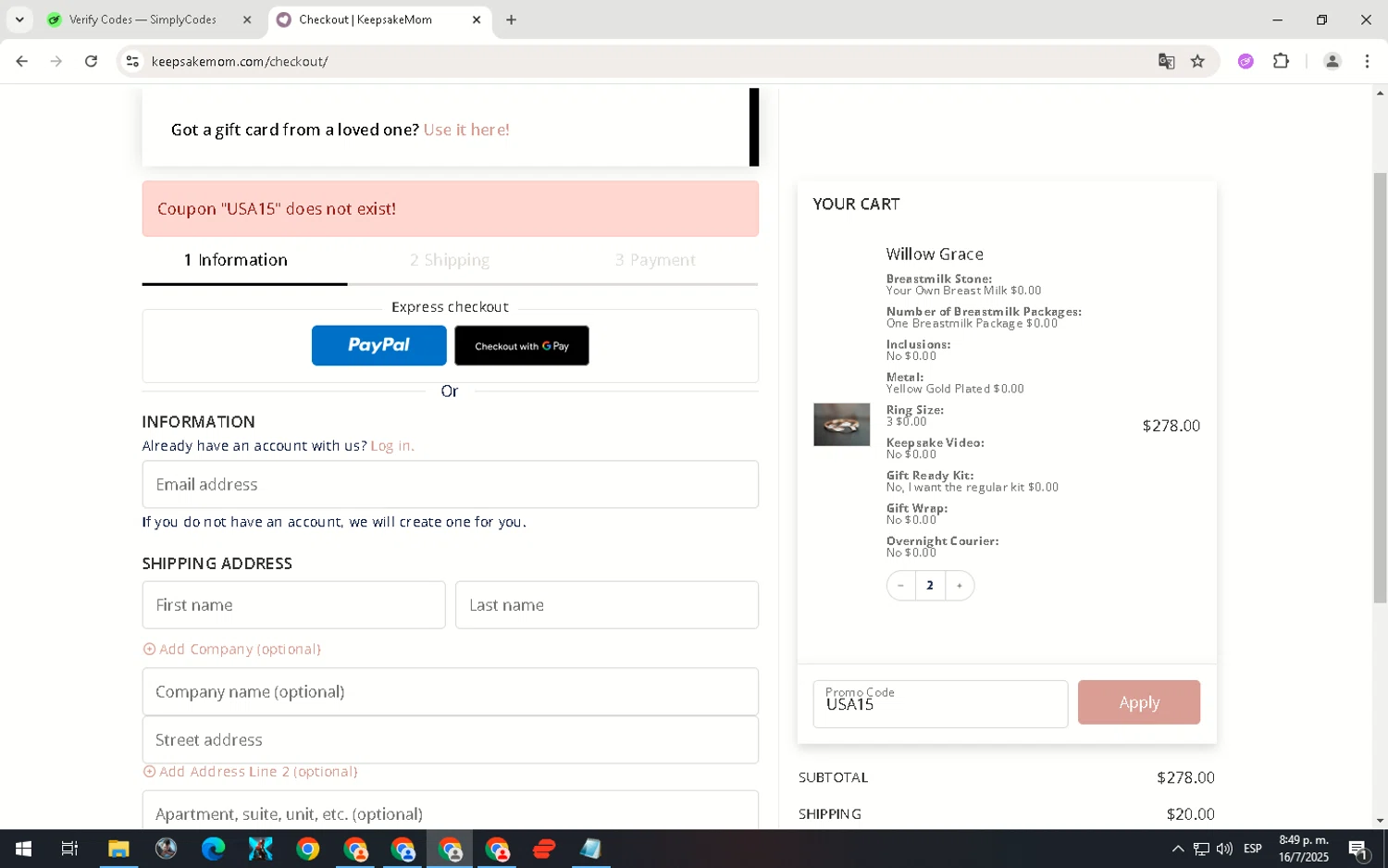 KeepsakeMom promo code screenshot showing code USA15 applied at KeepsakeMom checkout page. Uploaded by SimplyCodes community member ScanNavigator5190 on Jul 17, 2025