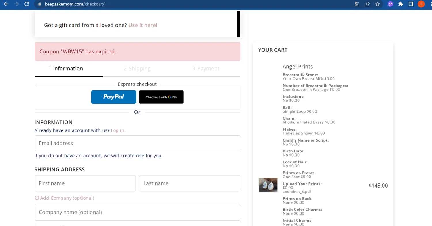 KeepsakeMom promo code screenshot showing code WBW15 applied at KeepsakeMom checkout page. Uploaded by SimplyCodes community member FranquizJoel on Sep 2, 2025