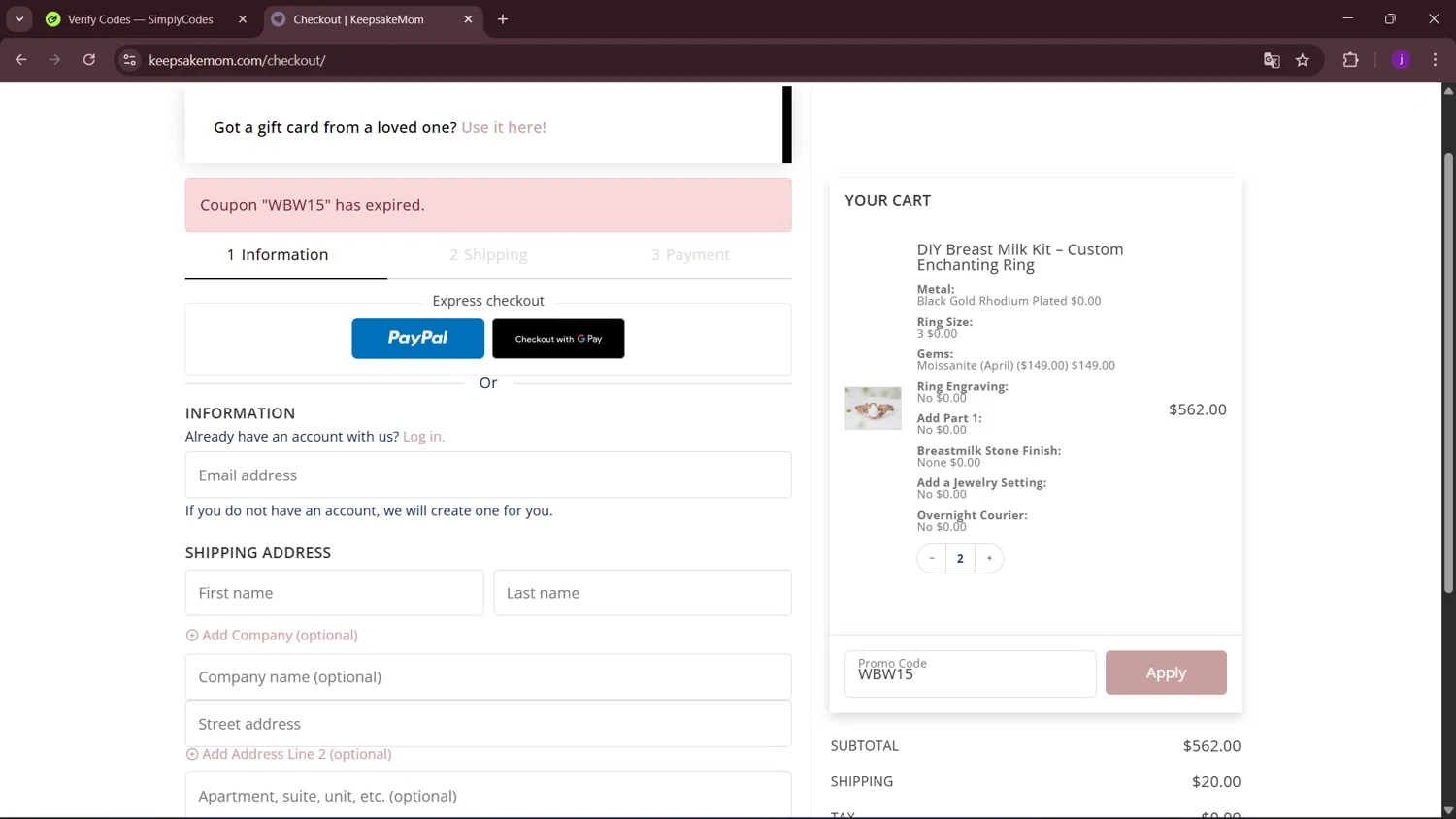 KeepsakeMom promo code screenshot showing code WBW15 applied at KeepsakeMom checkout page. Uploaded by SimplyCodes community member MagnificentSleuth912 on Sep 2, 2025