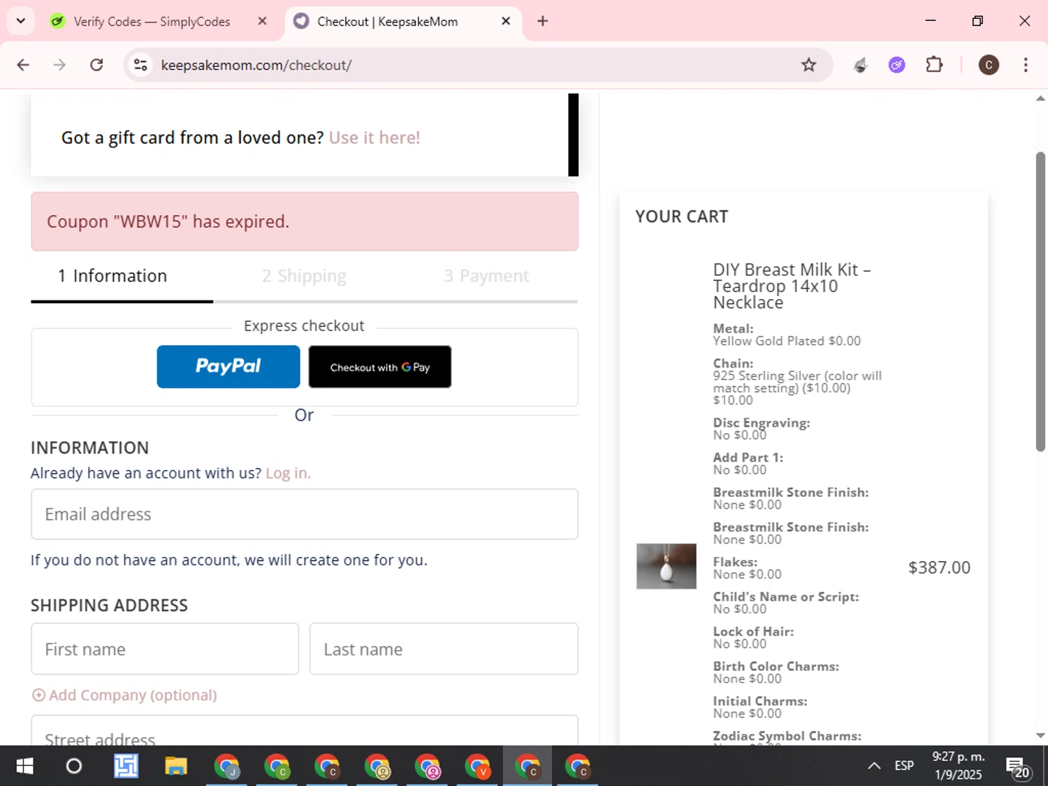 KeepsakeMom promo code screenshot showing code WBW15 applied at KeepsakeMom checkout page. Uploaded by SimplyCodes community member WonderCurator7831 on Sep 2, 2025