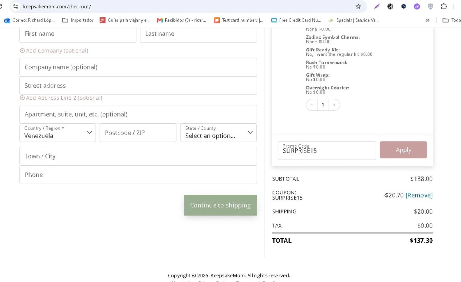 KeepsakeMom promo code screenshot showing code SURPRISE15 applied at KeepsakeMom checkout page. Uploaded by SimplyCodes community member LAMINEJAMAL on Jun 3, 2026