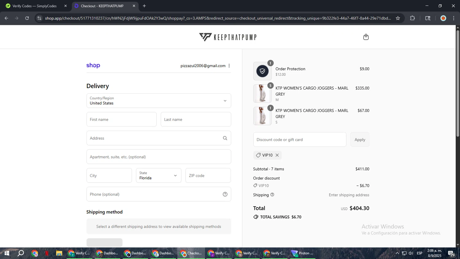 Keepthatpump discount code screenshot showing code VIP10 applied at Keepthatpump checkout page. Uploaded by SimplyCodes community member BonusCaptain9927 on Sep 8, 2025