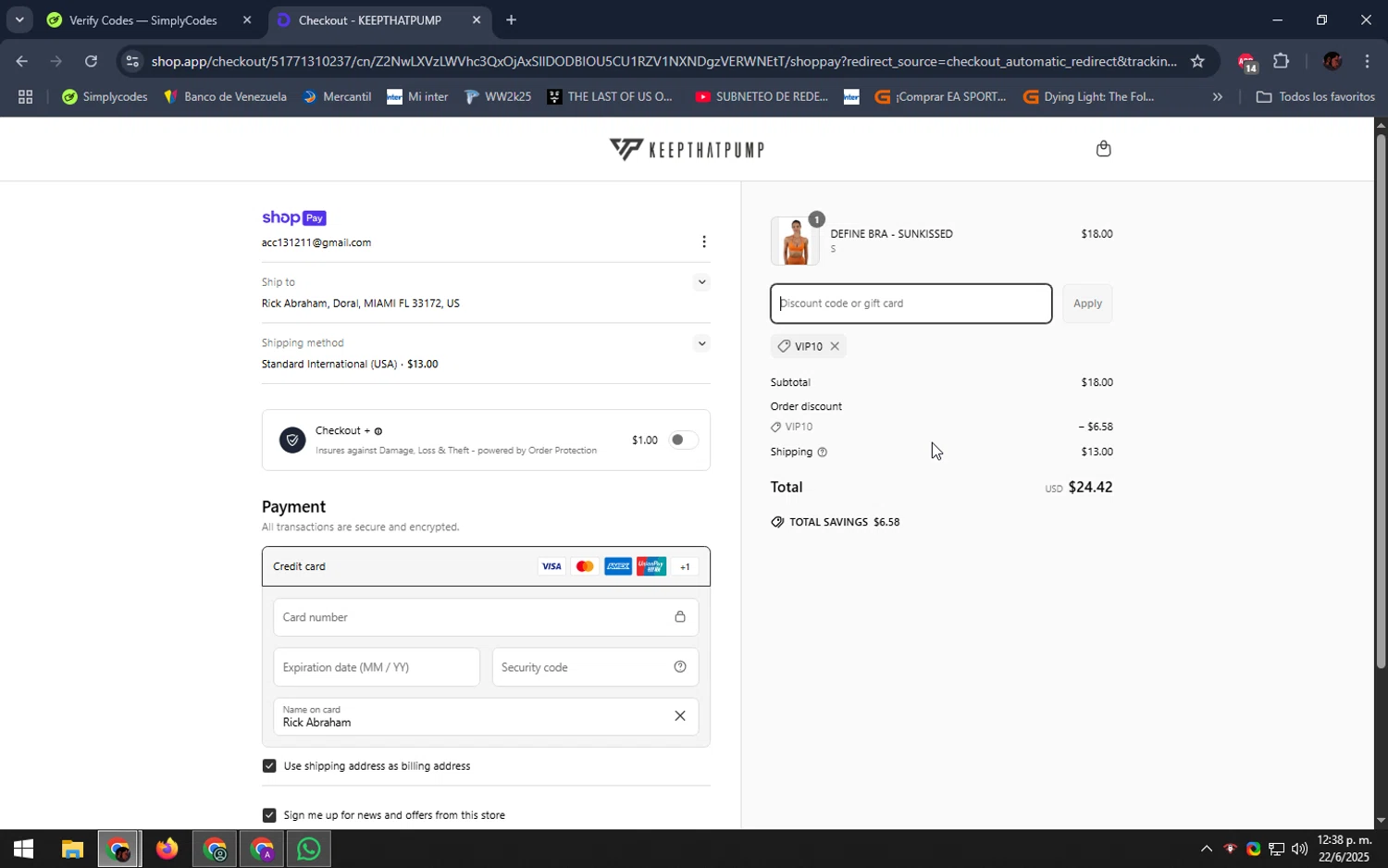 Keepthatpump discount code screenshot showing code VIP10 applied at Keepthatpump checkout page. Uploaded by SimplyCodes community member DealEagle493 on Jun 22, 2025