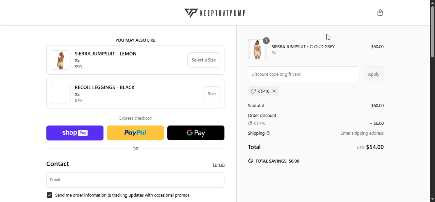 Keepthatpump discount code screenshot showing code KTP10 applied at Keepthatpump checkout page. Uploaded by SimplyCodes community member Prospecto on Jun 12, 2025