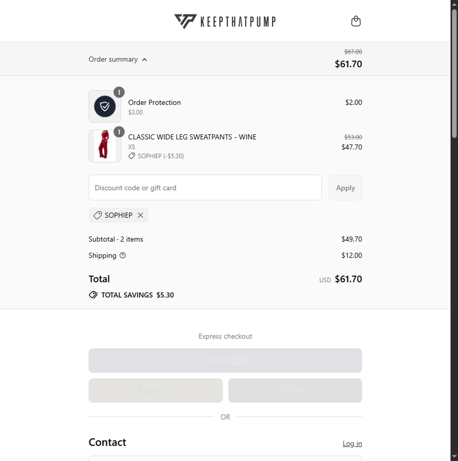 Keepthatpump discount code screenshot showing code SOPHIEP applied at Keepthatpump checkout page. Uploaded by SimplyCodes community member Alejandra10 on Jul 10, 2025