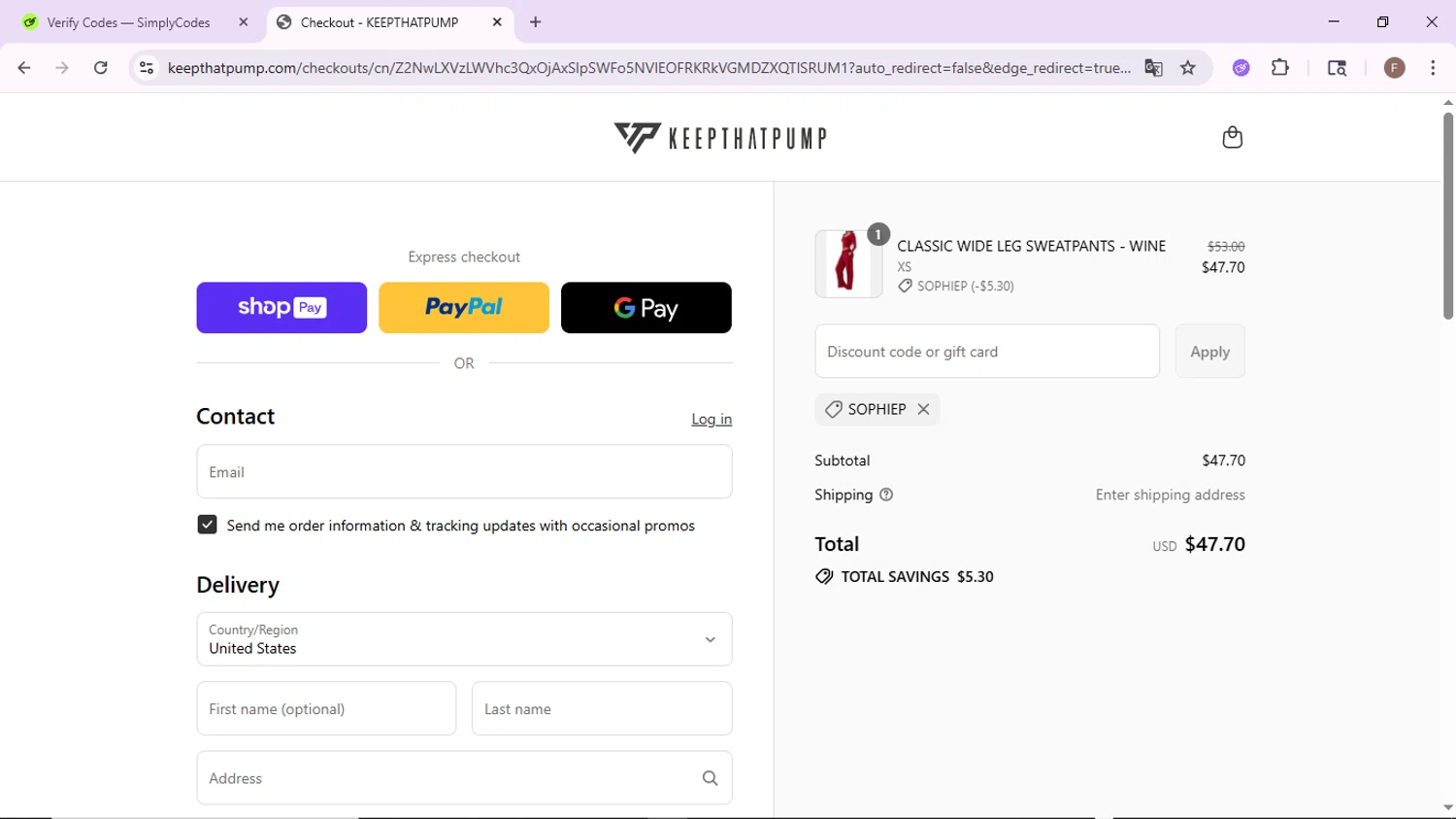 Keepthatpump discount code screenshot showing code SOPHIEP applied at Keepthatpump checkout page. Uploaded by SimplyCodes community member CashLion2660 on Jul 10, 2025