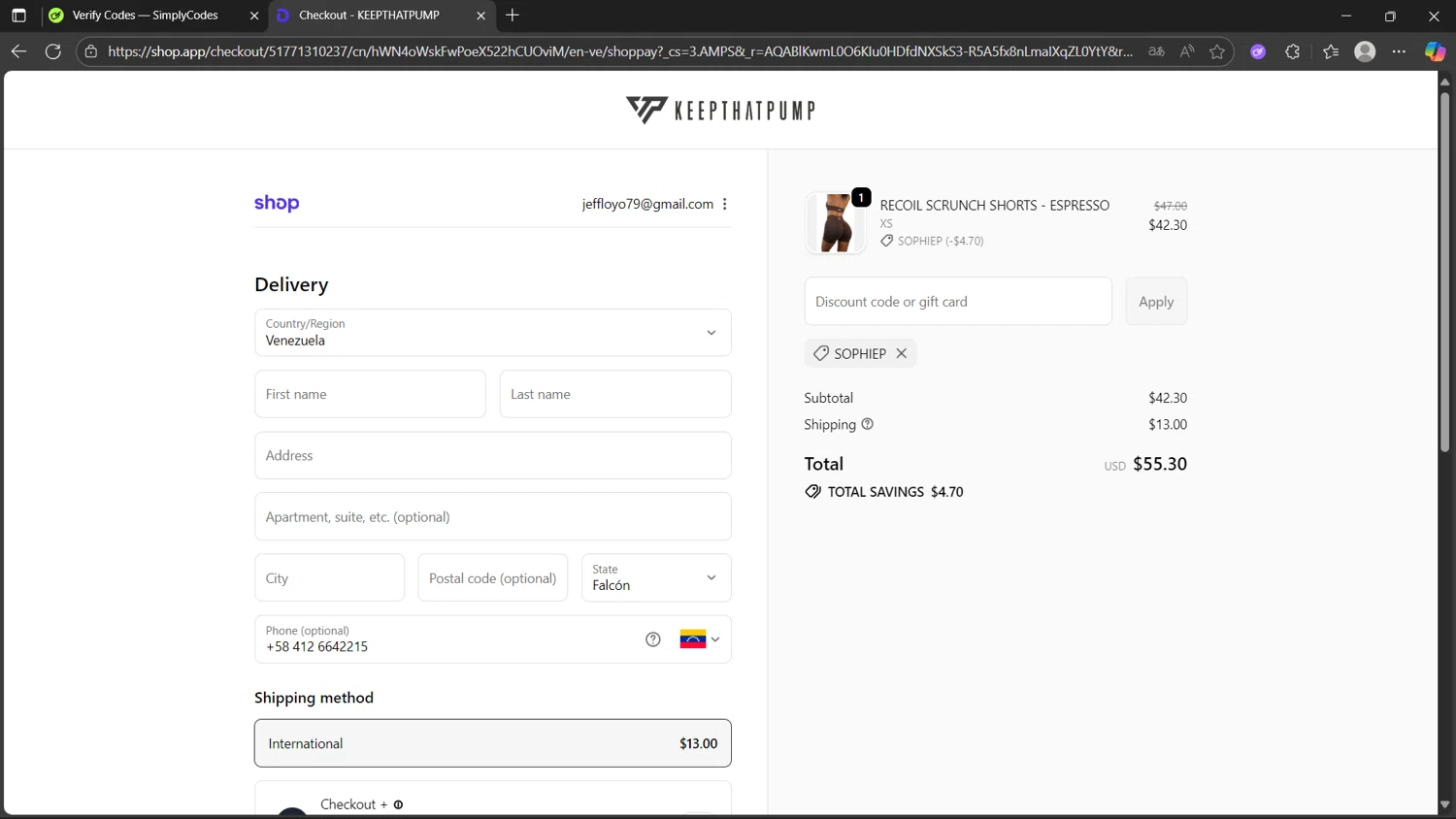 Keepthatpump discount code screenshot showing code SOPHIEP applied at Keepthatpump checkout page. Uploaded by SimplyCodes community member Morticia on Nov 2, 2025