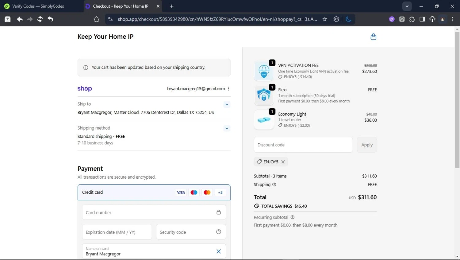 Keep Your Home IP promo code screenshot showing code ENJOY5 applied at Keep Your Home IP checkout page. Uploaded by SimplyCodes community member ValiantHunter5929 on Nov 24, 2025