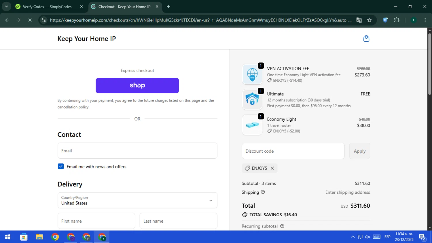 Keep Your Home IP promo code screenshot showing code ENJOY5 applied at Keep Your Home IP checkout page. Uploaded by SimplyCodes community member rodri1 on Dec 23, 2025