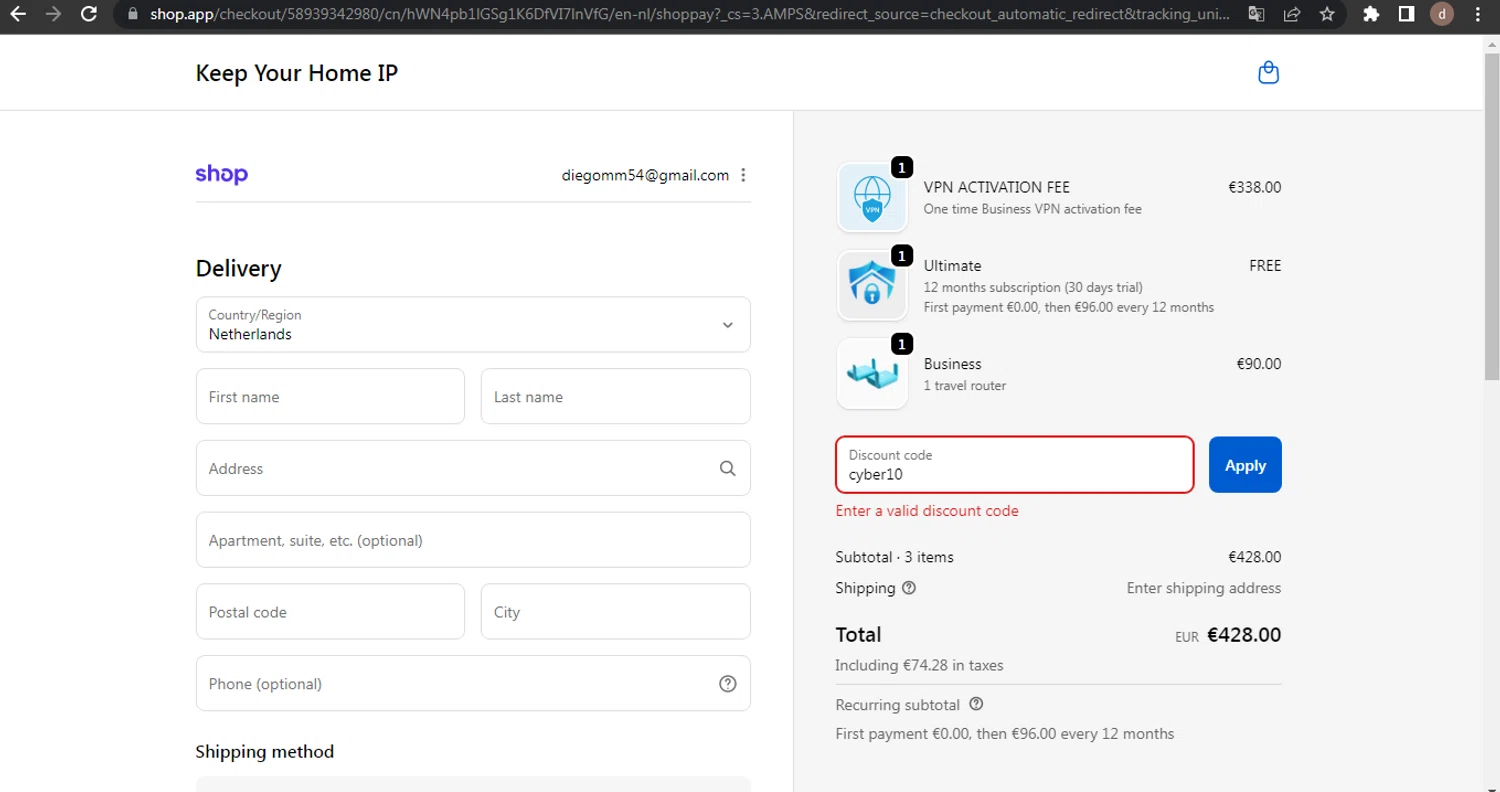 Keep Your Home IP promo code screenshot showing code cyber10 applied at Keep Your Home IP checkout page. Uploaded by SimplyCodes community member BargainVirtuoso4670 on Nov 2, 2025