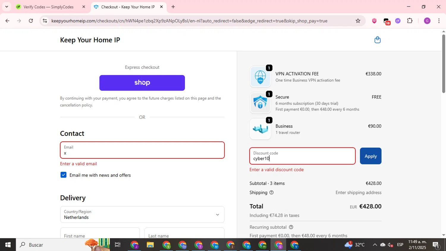Keep Your Home IP promo code screenshot showing code cyber10 applied at Keep Your Home IP checkout page. Uploaded by SimplyCodes community member ValuePilot6849 on Nov 2, 2025