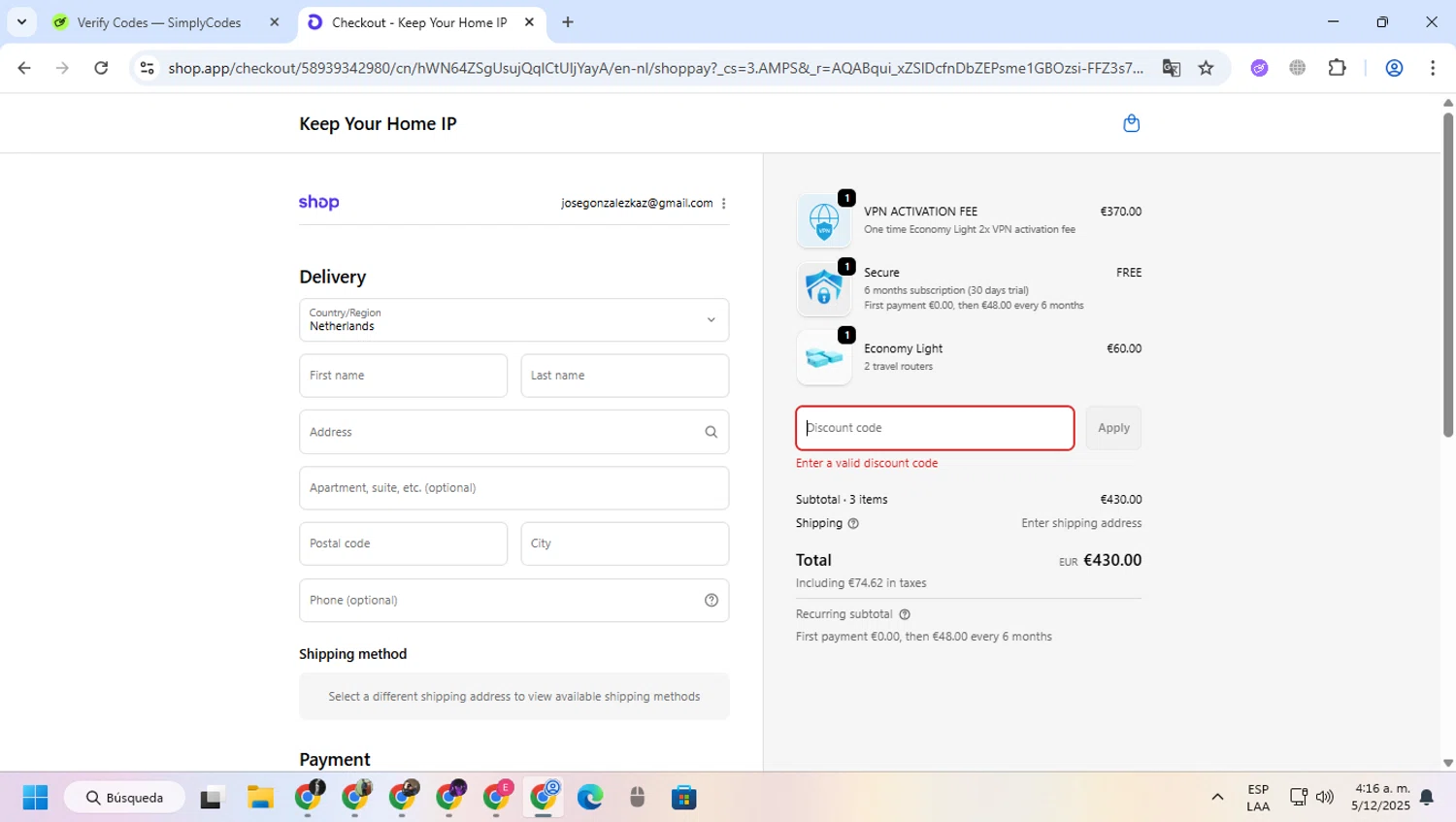 Keep Your Home IP promo code screenshot showing code BFCM20 applied at Keep Your Home IP checkout page. Uploaded by SimplyCodes community member greulis on Dec 5, 2025