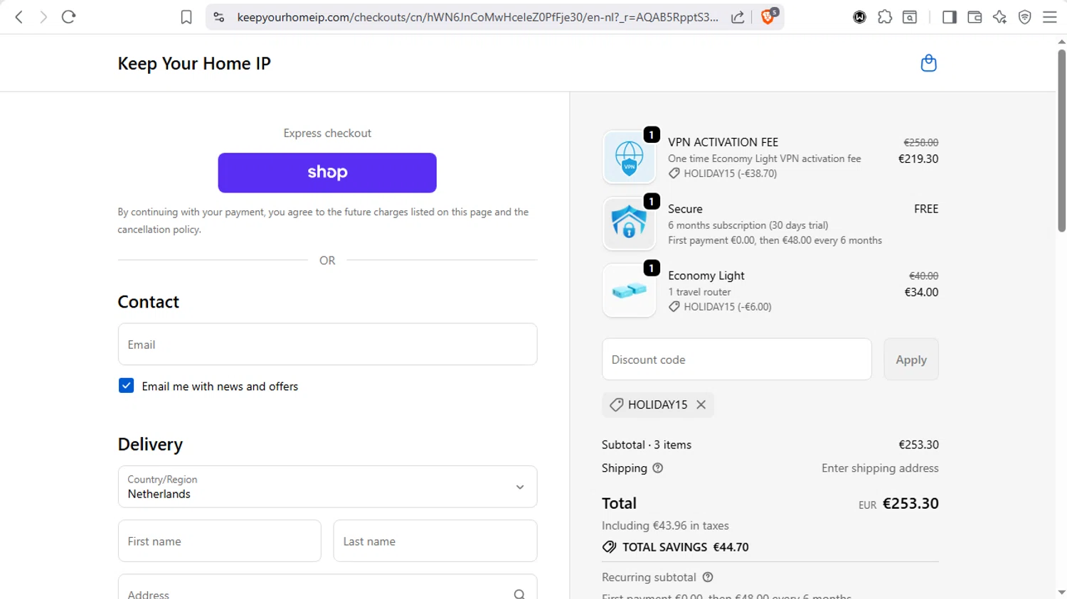 Keep Your Home IP promo code screenshot showing code HOLIDAY15 applied at Keep Your Home IP checkout page. Uploaded by SimplyCodes community member dayselis15 on Dec 11, 2025