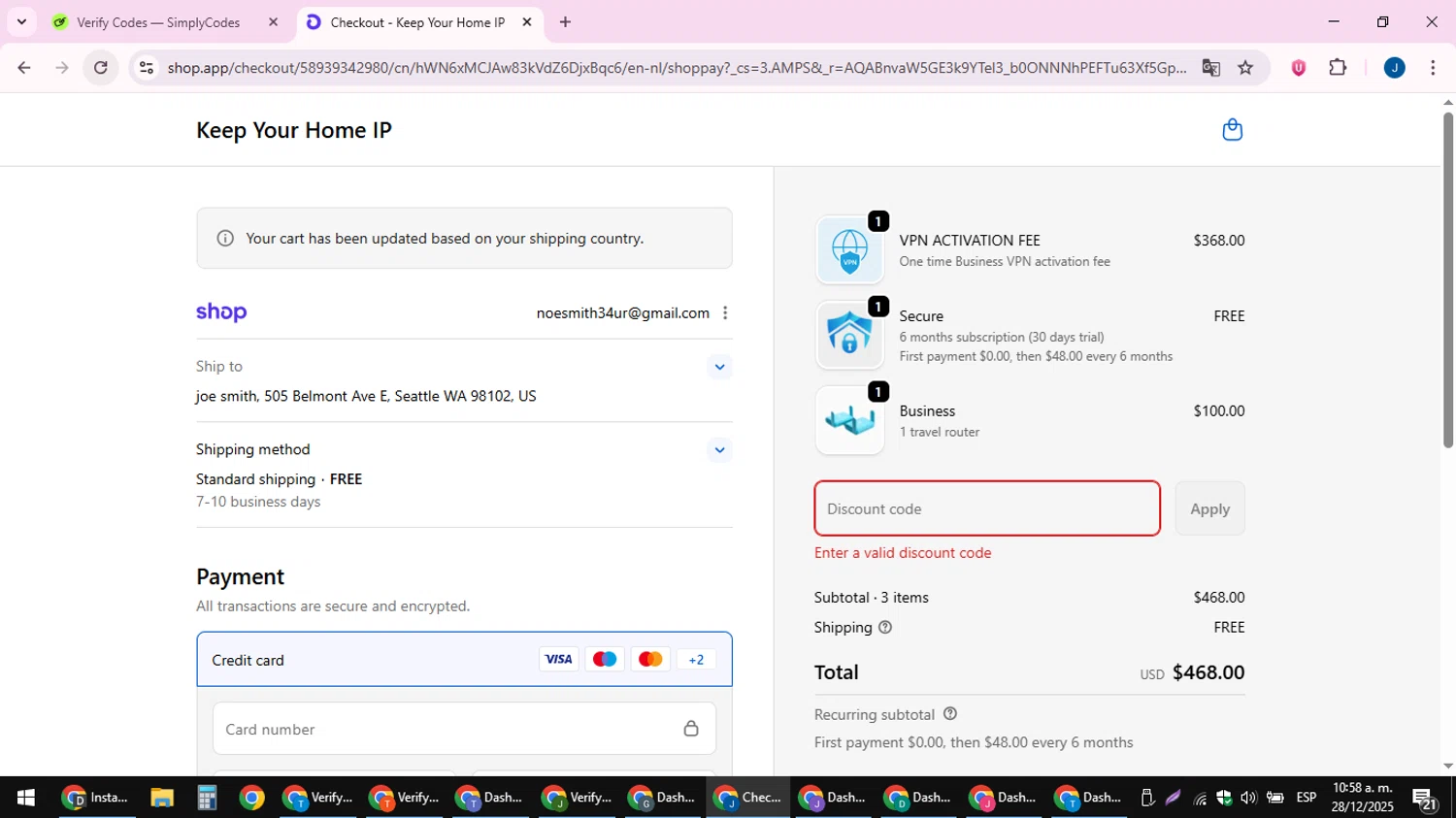 Keep Your Home IP promo code screenshot showing code HOLIDAY15 applied at Keep Your Home IP checkout page. Uploaded by SimplyCodes community member noesmith34ur on Dec 28, 2025