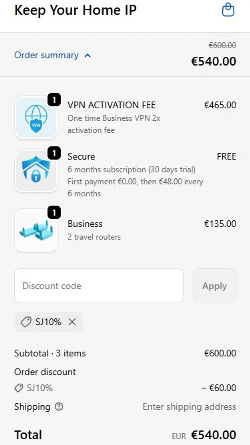 Keep Your Home IP promo code screenshot showing code SJ10% applied at Keep Your Home IP checkout page. Uploaded by SimplyCodes community member RonaldoM32 on Nov 20, 2025