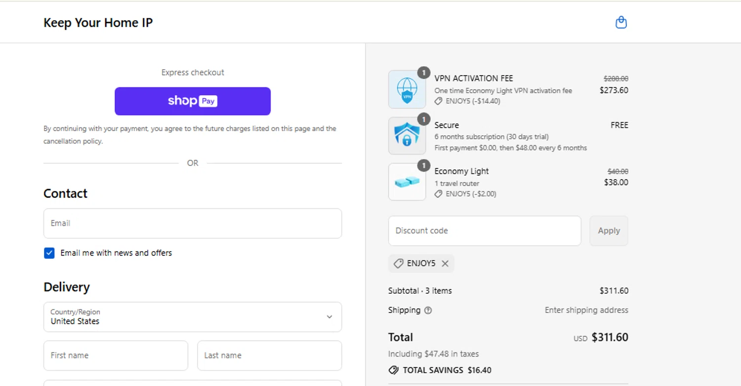 Keep Your Home IP promo code screenshot showing code ENJOY5 applied at Keep Your Home IP checkout page. Uploaded by SimplyCodes community member carlosrivero on Aug 27, 2025