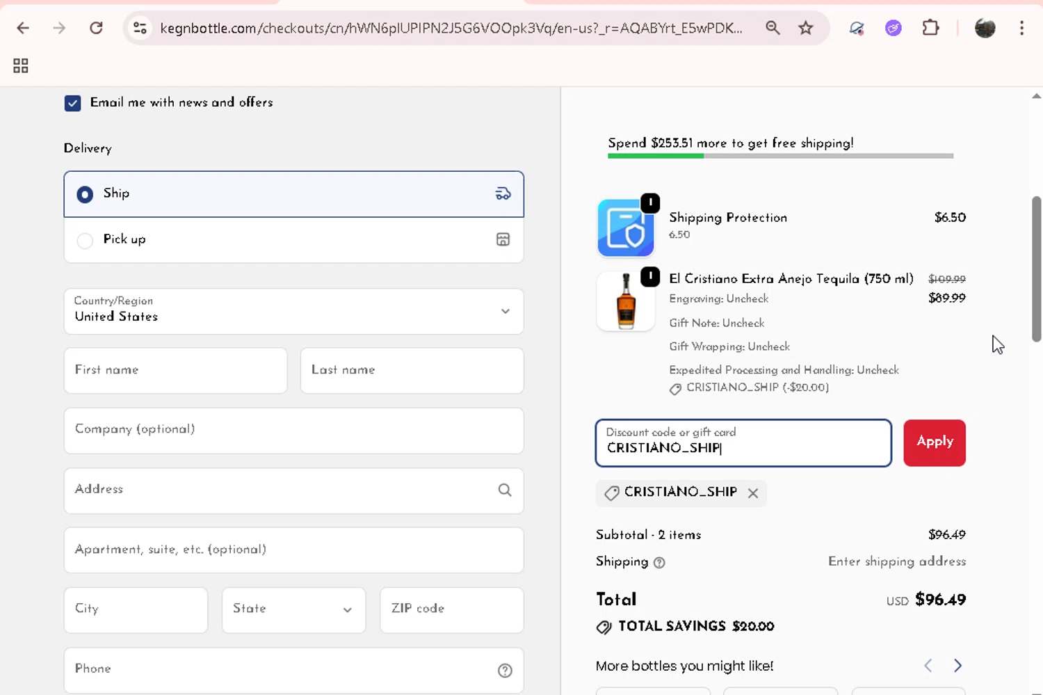 Keg N Bottle discount code screenshot showing code CRISTIANO_SHIP applied at Keg N Bottle checkout page. Uploaded by SimplyCodes community member JASTIFY on Dec 25, 2025