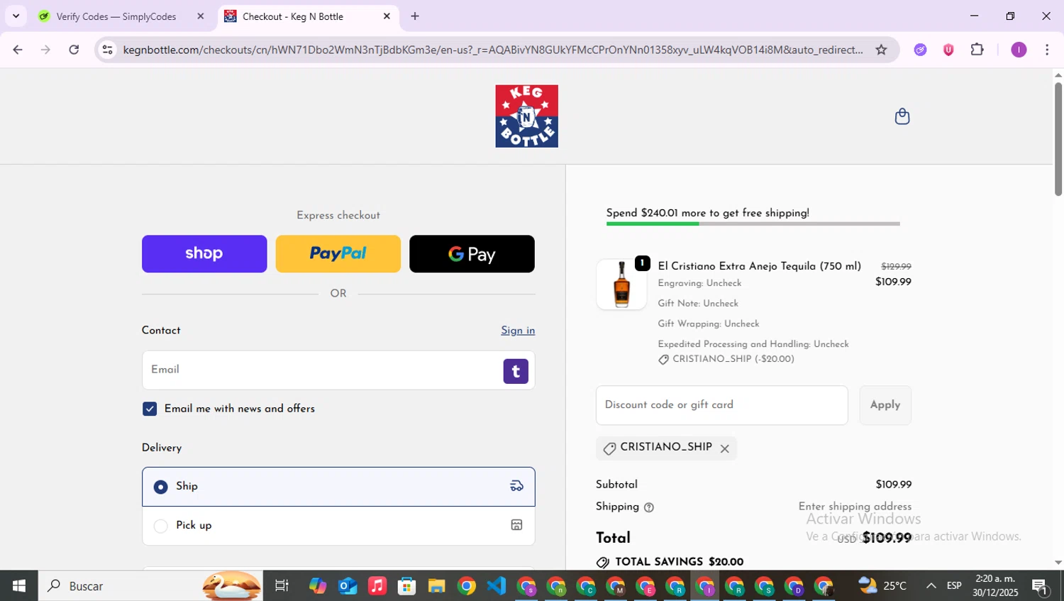 Keg N Bottle discount code screenshot showing code CRISTIANO_SHIP applied at Keg N Bottle checkout page. Uploaded by SimplyCodes community member RebateAce6764 on Dec 30, 2025