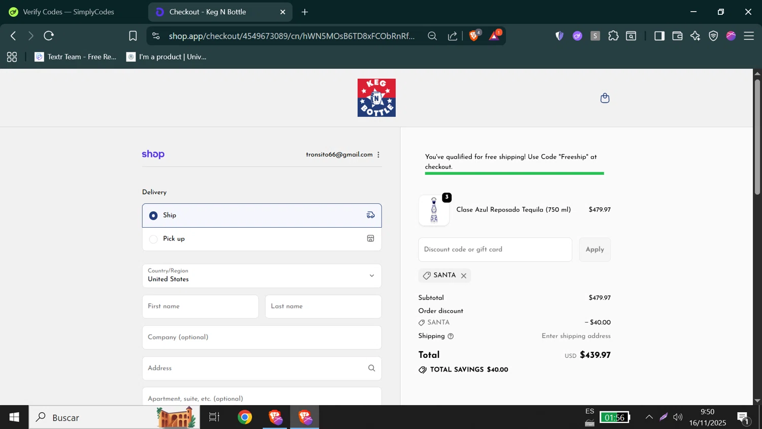 Keg N Bottle discount code screenshot showing code Santa applied at Keg N Bottle checkout page. Uploaded by SimplyCodes community member Jeffersontorrealba on Nov 16, 2025
