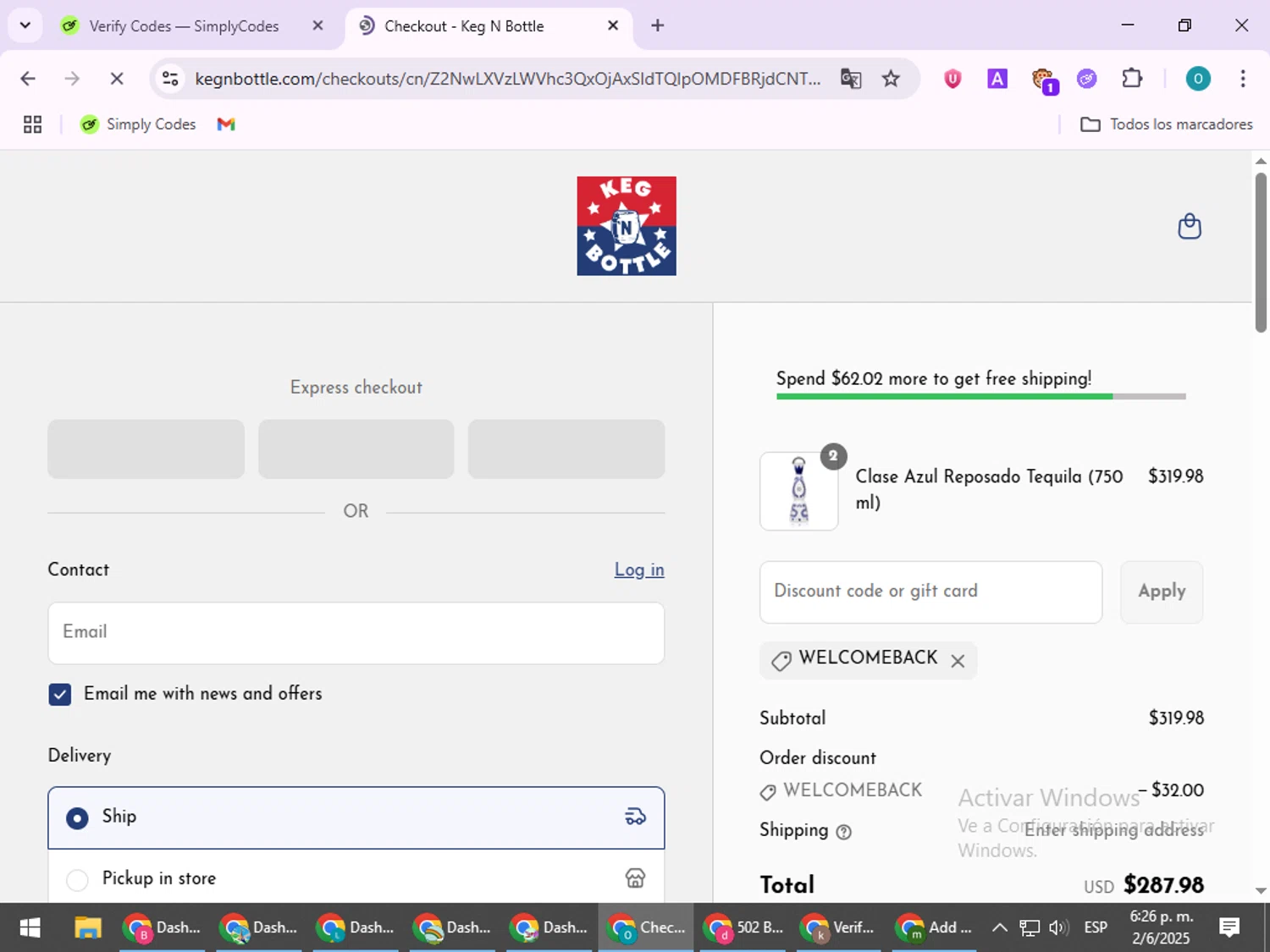 Keg N Bottle discount code screenshot showing code Welcomeback applied at Keg N Bottle checkout page. Uploaded by SimplyCodes community member BudgetSeeker9524 on Jun 2, 2025