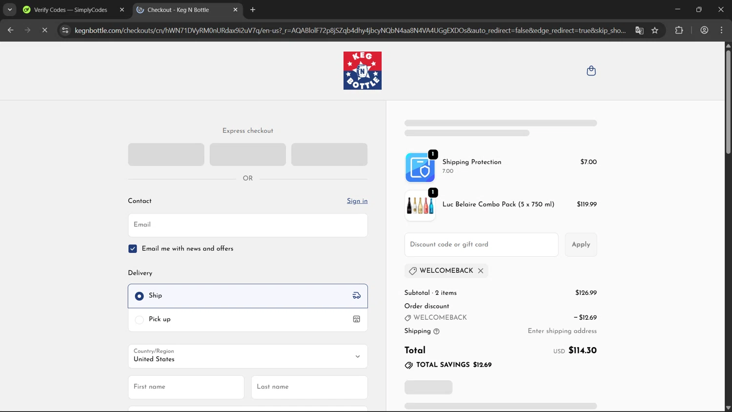 Keg N Bottle discount code screenshot showing code Welcomeback applied at Keg N Bottle checkout page. Uploaded by SimplyCodes community member ExtraordinaryWhiz4519 on Dec 30, 2025