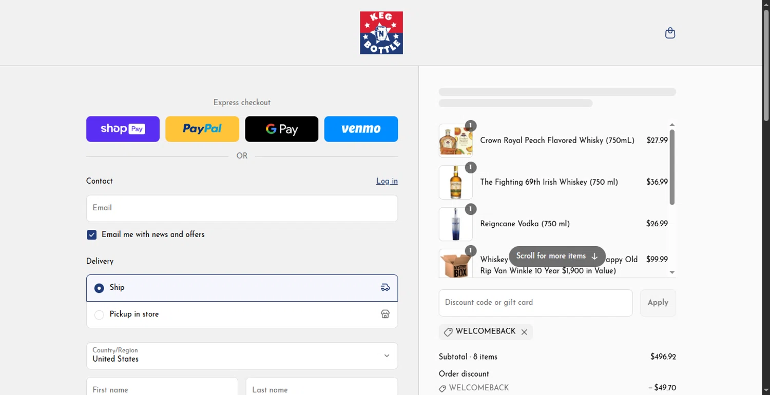 Keg N Bottle discount code screenshot showing code Welcomeback applied at Keg N Bottle checkout page. Uploaded by SimplyCodes community member RewardLion6202 on Jun 2, 2025