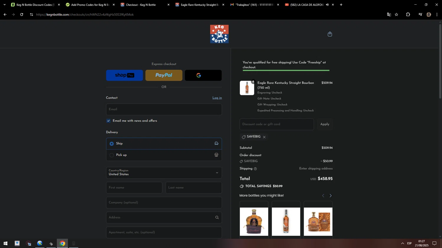 Keg N Bottle discount code screenshot showing code Savebig applied at Keg N Bottle checkout page. Uploaded by SimplyCodes community member MarcosAranguren on Aug 21, 2025