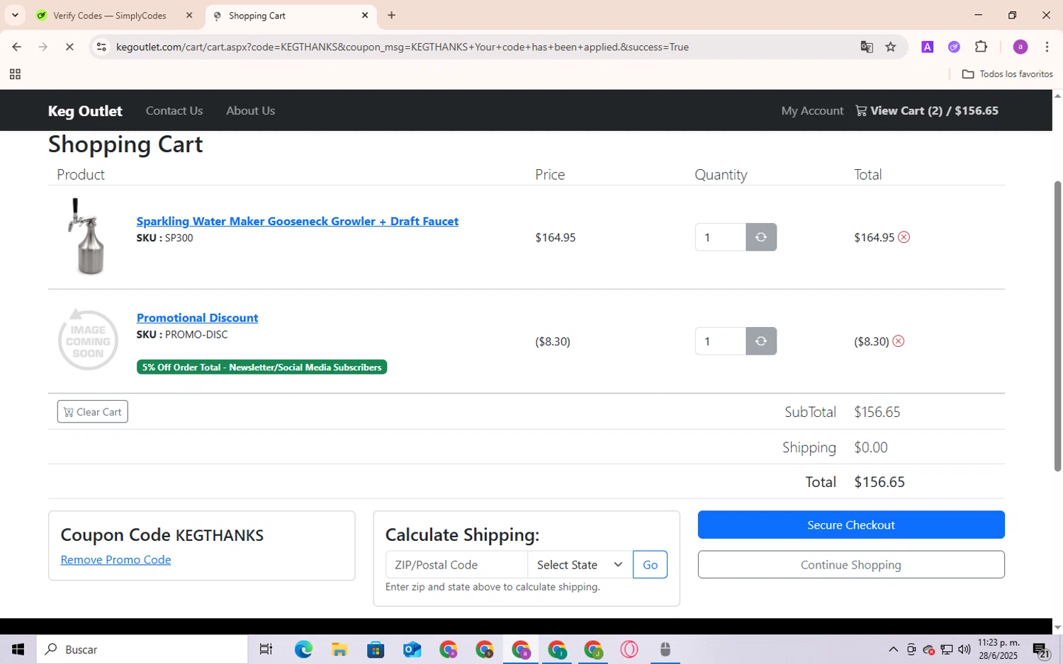 Keg Outlet coupon code screenshot showing code KEGTHANKS applied at Keg Outlet checkout page. Uploaded by SimplyCodes community member Andygar on Jun 28, 2025