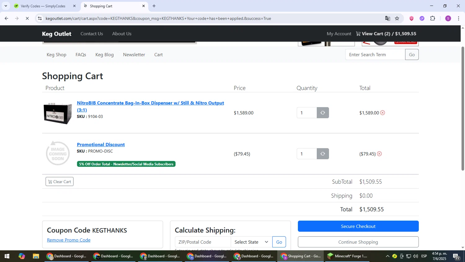 Keg Outlet coupon code screenshot showing code KEGTHANKS applied at Keg Outlet checkout page. Uploaded by SimplyCodes community member Son_Goku on Jun 7, 2025