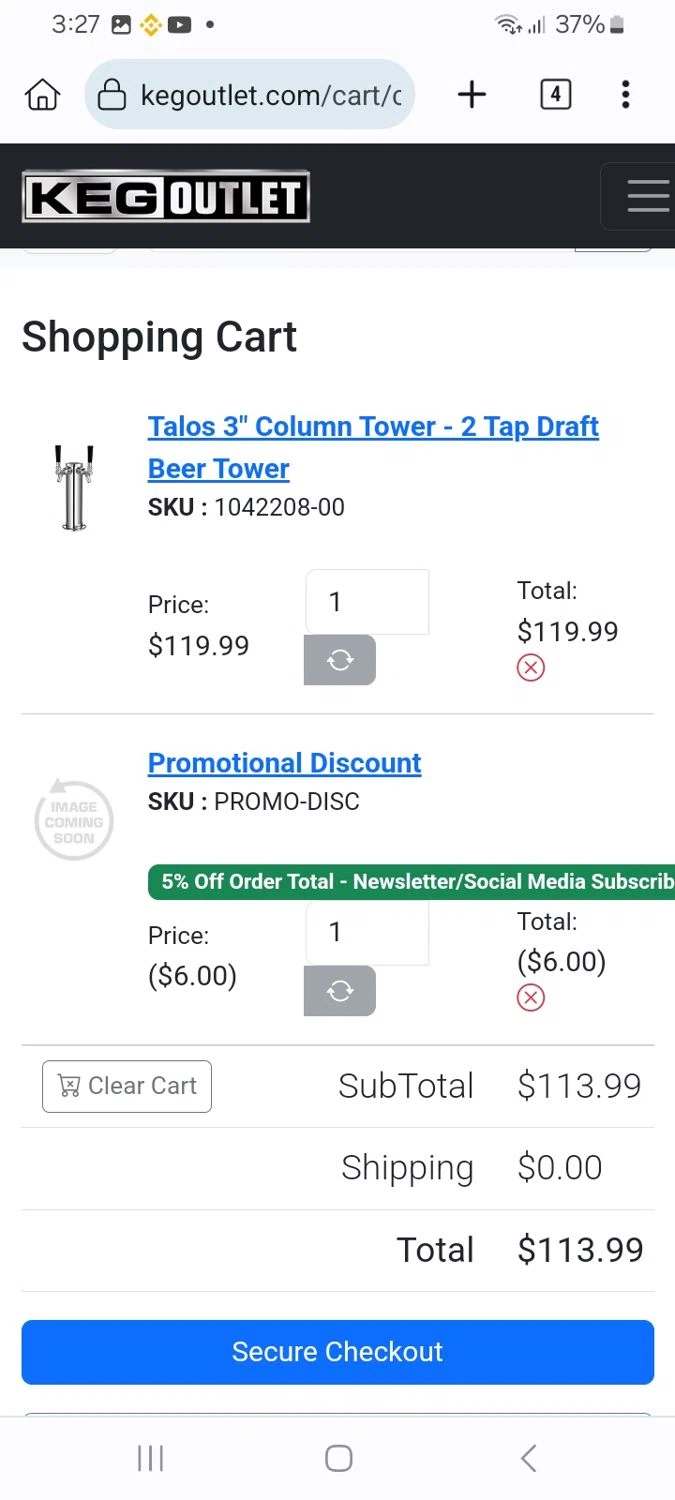 Keg Outlet coupon code screenshot showing code KEGTHANKS applied at Keg Outlet checkout page. Uploaded by SimplyCodes community member ScanMaverick9378 on May 17, 2025