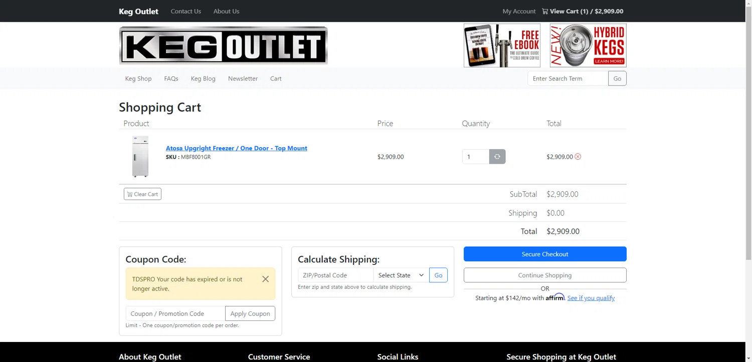 Keg Outlet coupon code screenshot showing code TDSPRO applied at Keg Outlet checkout page. Uploaded by SimplyCodes community member MagnificentTitan6986 on Jun 7, 2025