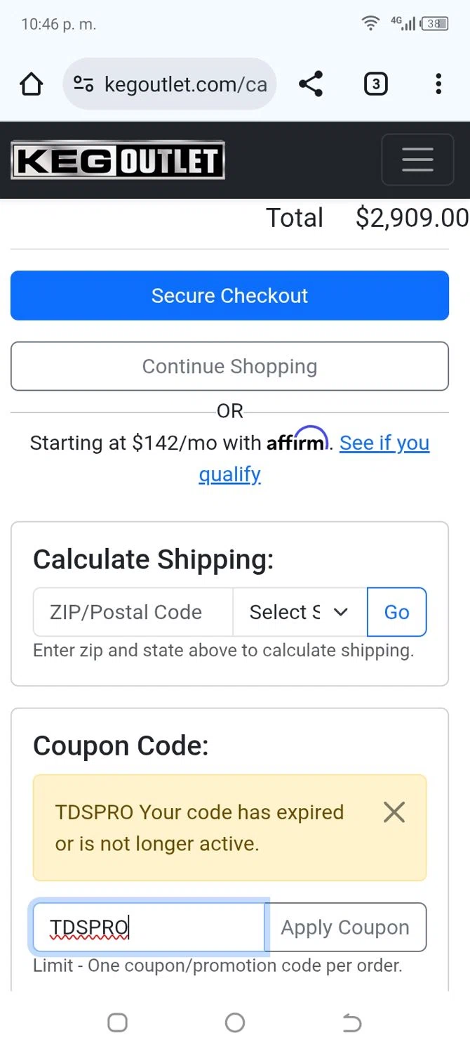 Keg Outlet coupon code screenshot showing code TDSPRO applied at Keg Outlet checkout page. Uploaded by SimplyCodes community member VoucherLynx8610 on Jun 8, 2025